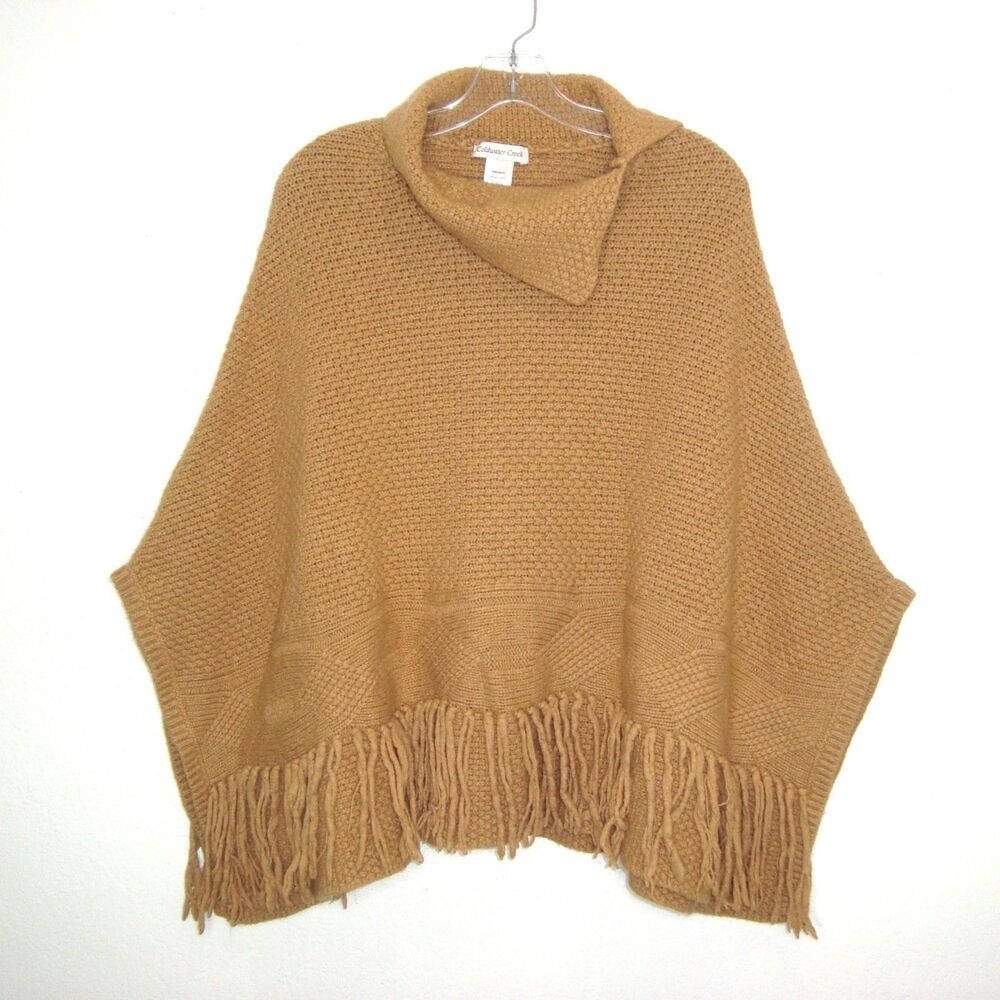 Coldwater Creek Knit Poncho Fringe Cowl Neck Tan Wool Blend Women's One Size